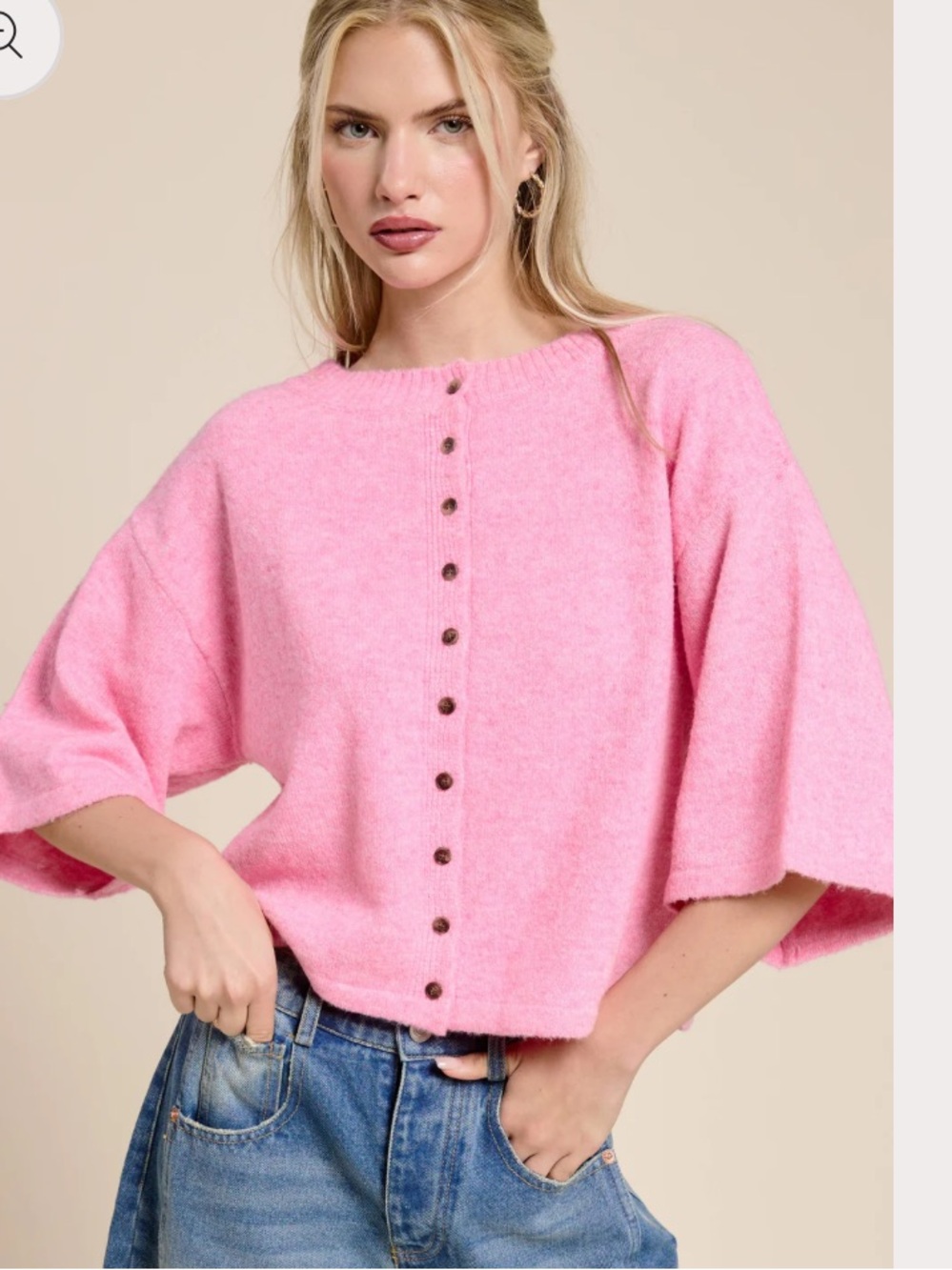 Mimosa Button Front Short Sleeve Knit sweater Cardigan pink medium
